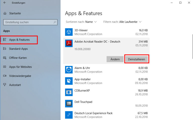 Screenshot Windows 10 Programm entfernen