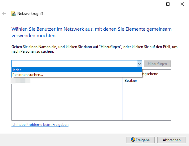 Screenshot Freigabeeinstellungen Windows 10 Pro