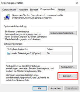 Screenshot Systemeigenschaften Schutz Windows 10 